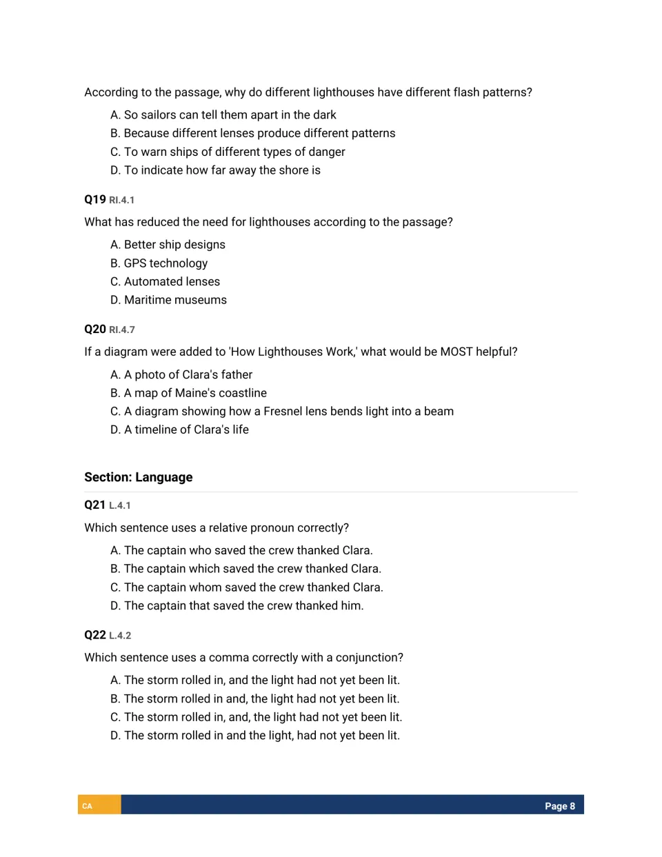 Items Q18-Q22 on flash patterns, GPS and a helpful diagram, then language items on relative pronouns and comma use