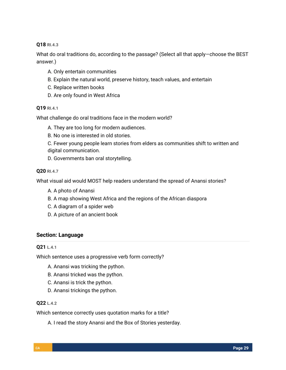Q18-Q22 on oral traditions and Anansi stories, then language items on progressive verbs and quotation marks