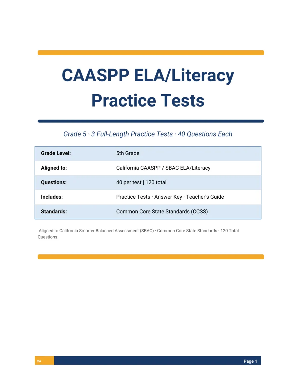CAASPP ELA/Literacy title page listing 3 full-length tests of 40 questions each, plus answer key and teacher's guide