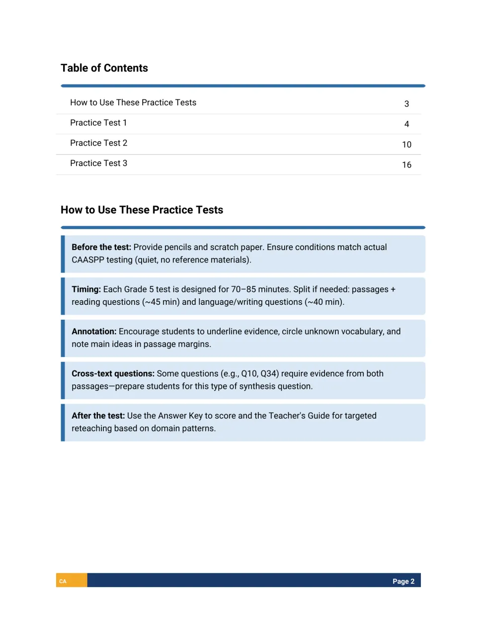 Table of contents and How to Use tips: test setup, 70-85 minute timing, annotating passages and cross-text questions