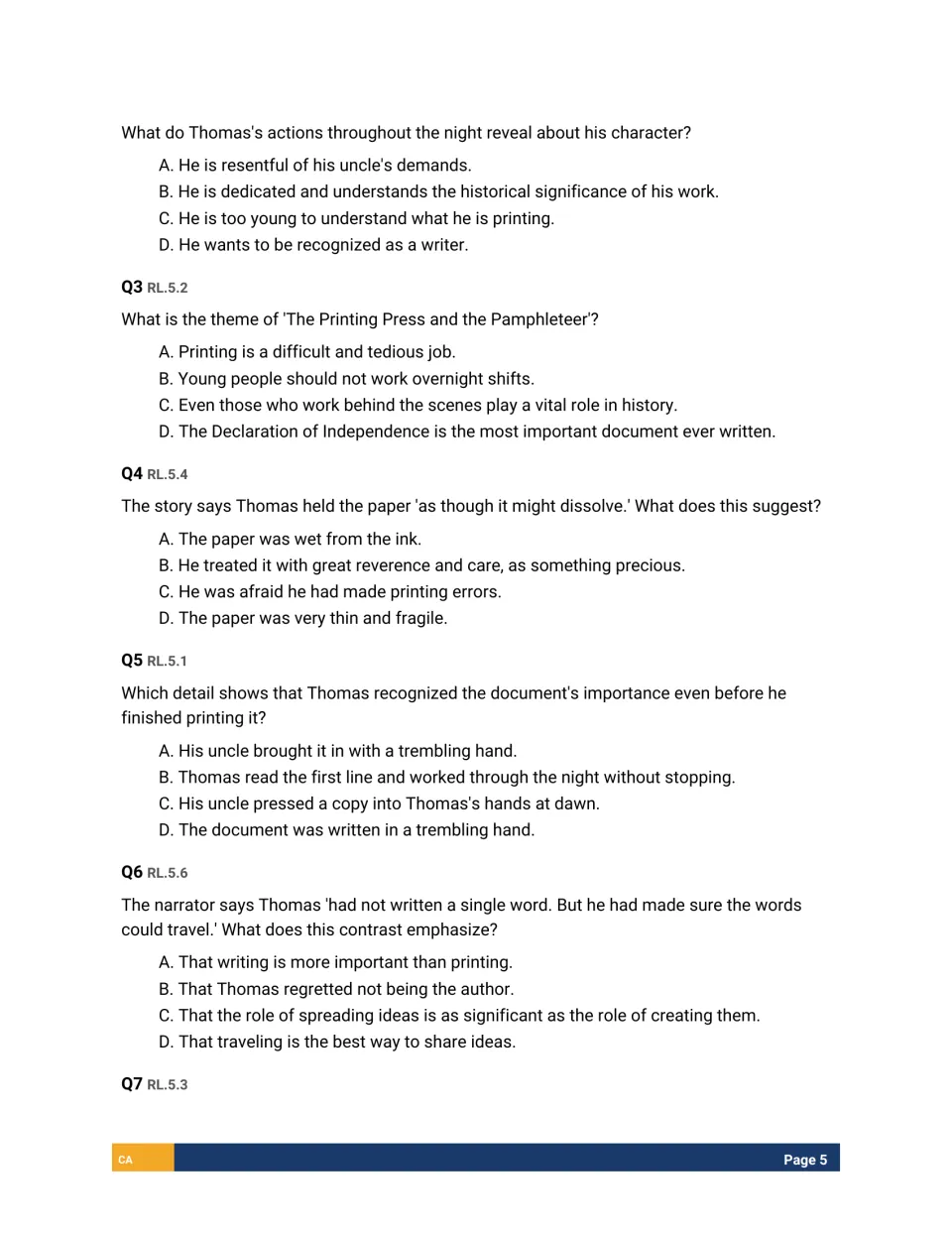 Literature questions Q2-Q6: students answer items on Thomas's character, the story's theme and figurative language