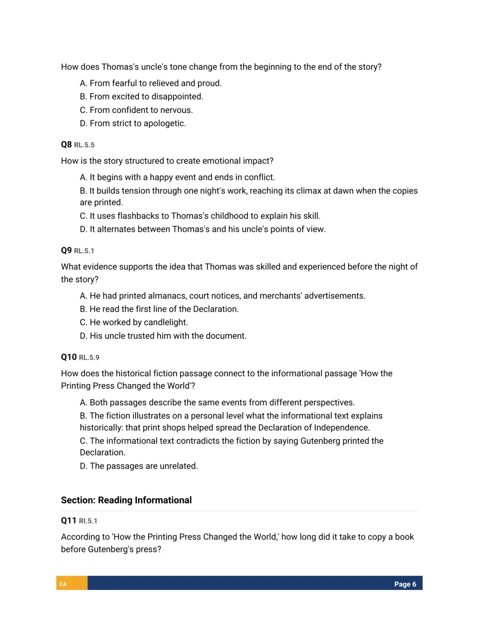 Questions Q7-Q11: students analyze tone change, story structure, text evidence and links between the two passages