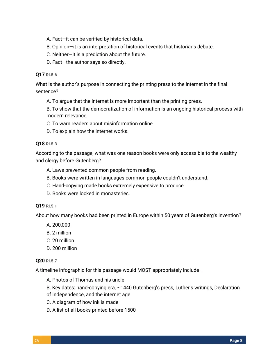 Questions Q17-Q20: author's purpose, cause of costly books, 20 million books printed and choosing a fitting timeline