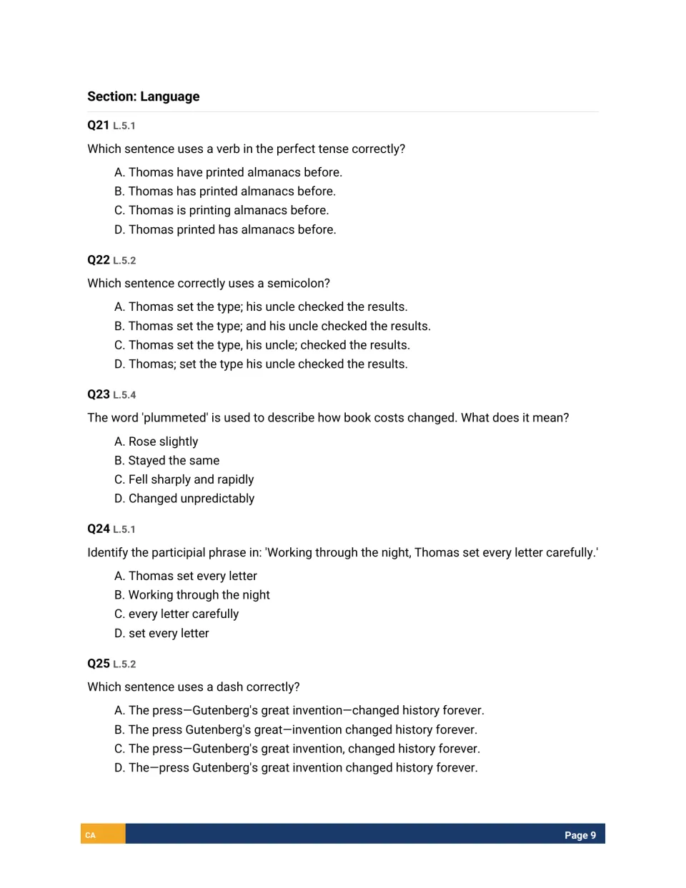 Language Q21-Q25: students choose correct verb tense, semicolon and dash use, a word meaning and a participial phrase
