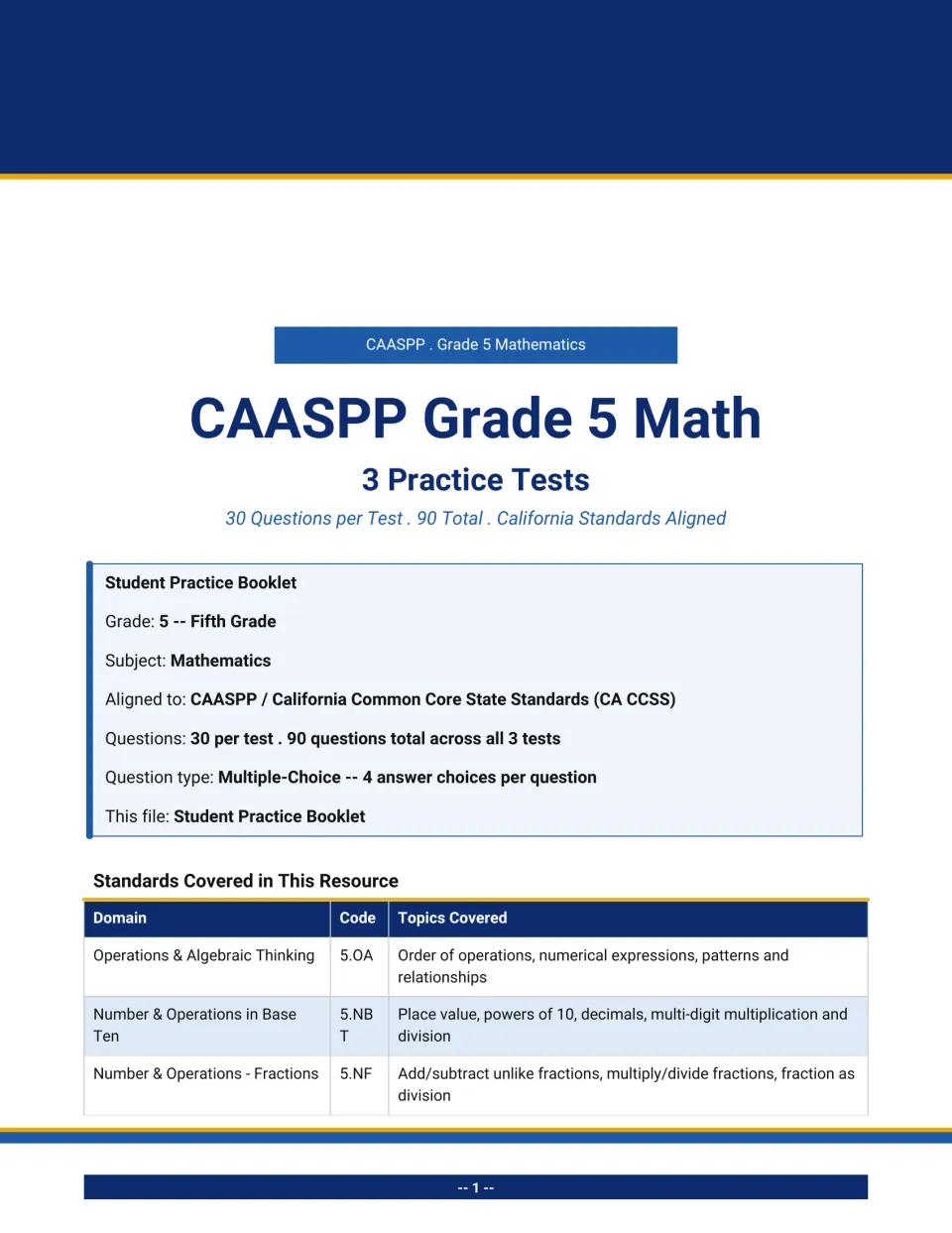 Student booklet title page: 3 multiple-choice tests of 30 questions each and the standards covered: 5.OA, 5.NBT, 5.NF