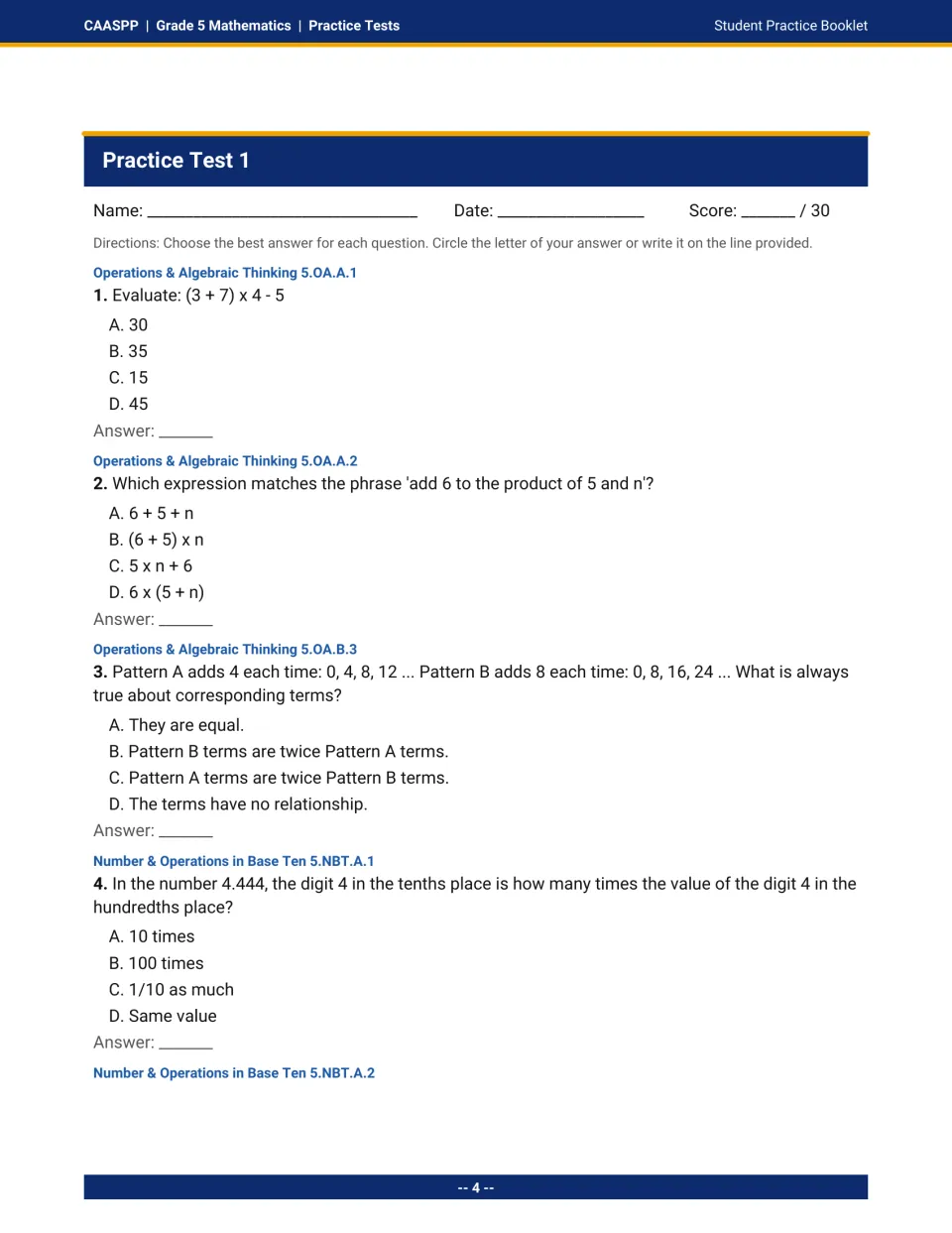 Practice Test 1, questions 1-4: order of operations, writing an expression, comparing two patterns and decimal place value