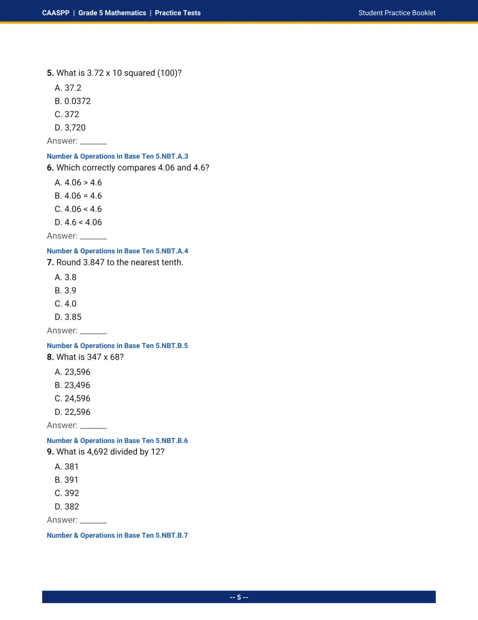 Multiple-choice questions 5-9: multiplying by 100, comparing 4.06 and 4.6, rounding to tenths, 347 x 68 and 4,692 ÷ 12