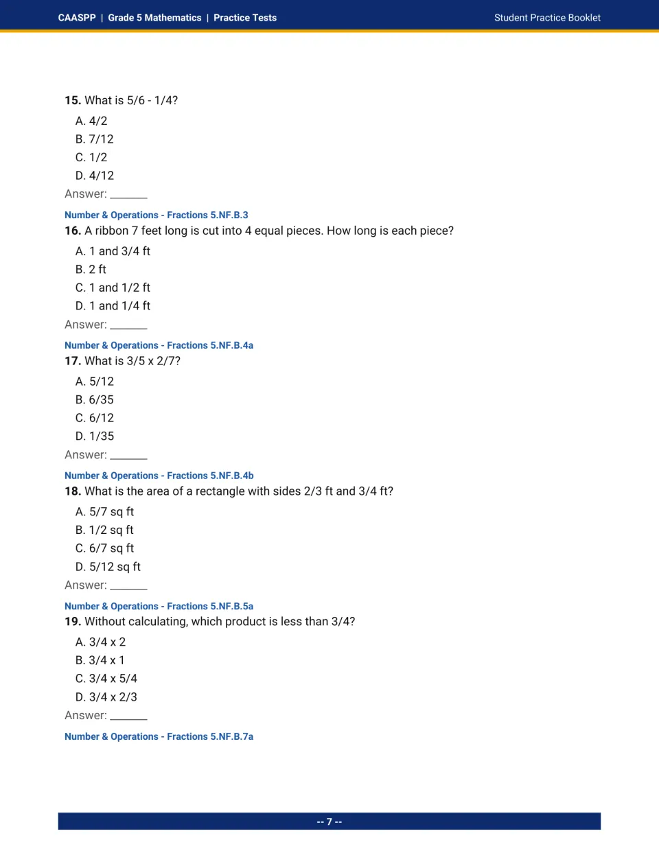 Fraction questions 15-19: subtracting unlike fractions, a ribbon division word problem, multiplying fractions and scaling