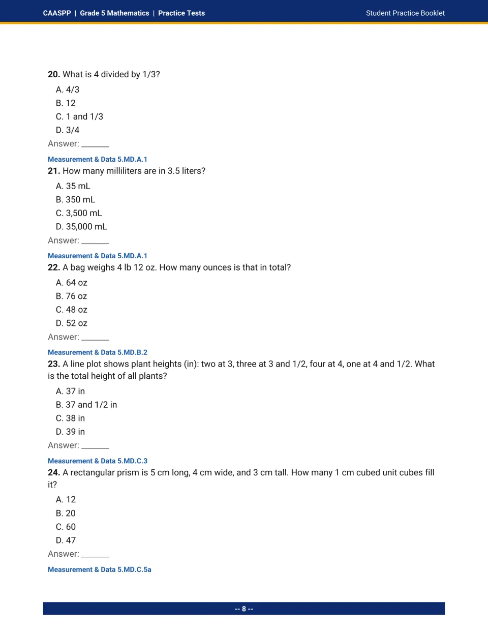 Questions 20-24: dividing 4 by 1/3, converting liters and pounds, totaling a line plot and counting unit cubes in a prism