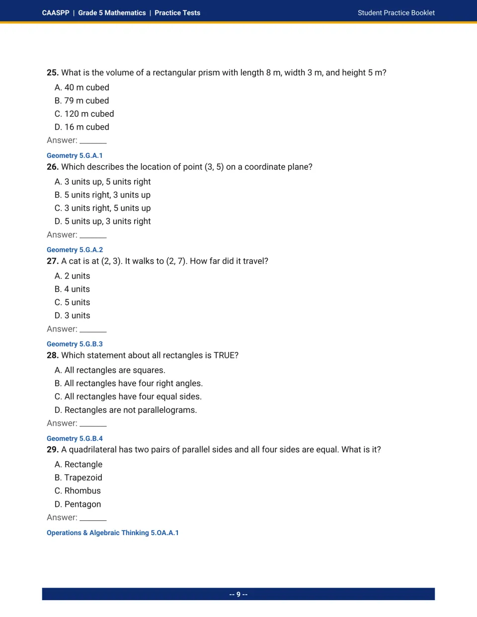 Questions 25-29: prism volume, locating and moving between coordinate points, and classifying rectangles and rhombuses