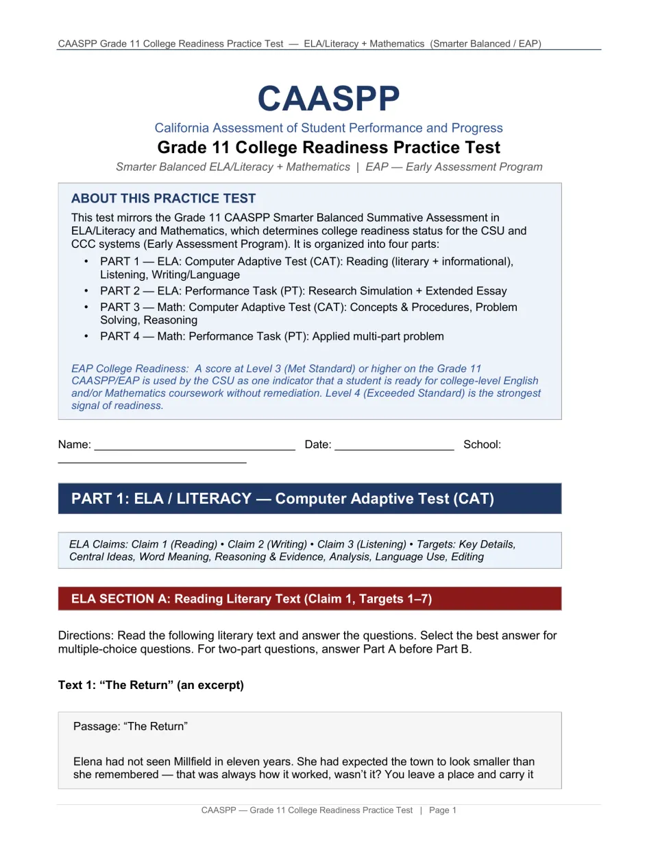 Test introduction outlines four parts and college readiness levels, then begins the ELA passage “The Return.”