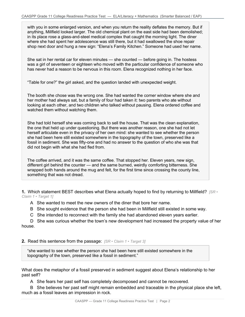 Literary passage “The Return” continues with Elena’s visit to Millfield, followed by questions 1 and 2.