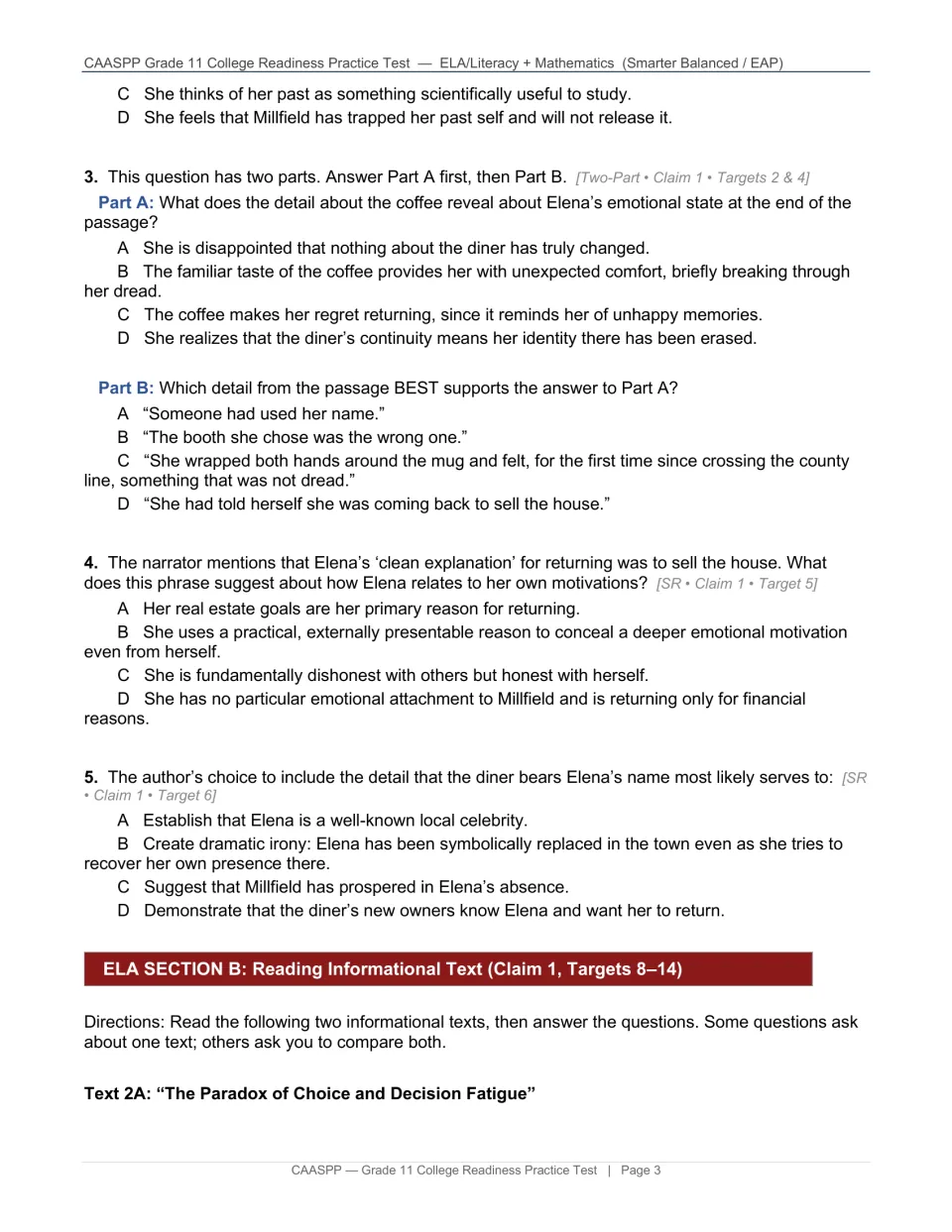 ELA questions 3–5 examine Elena’s emotions, motivations, and the diner’s name before informational reading begins.
