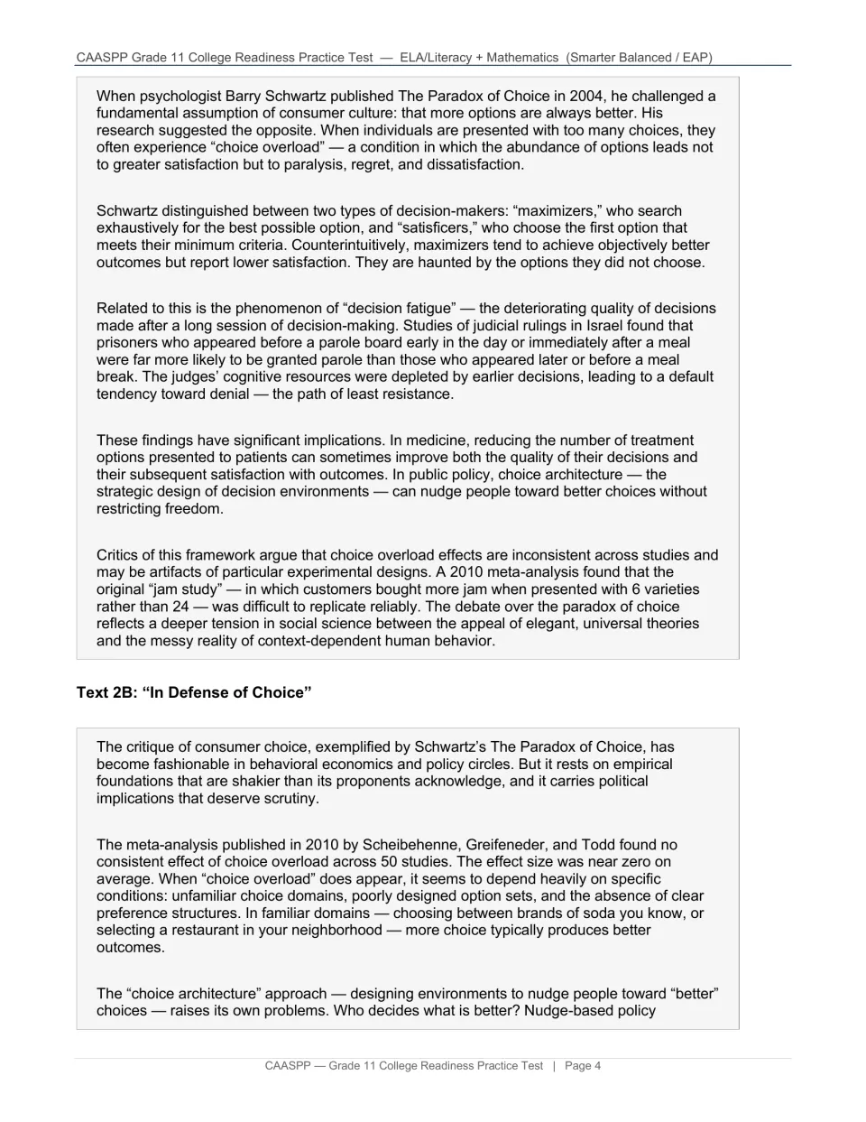 Paired ELA readings explore choice overload and decision fatigue, then begin the counterargument “In Defense of Choice.”