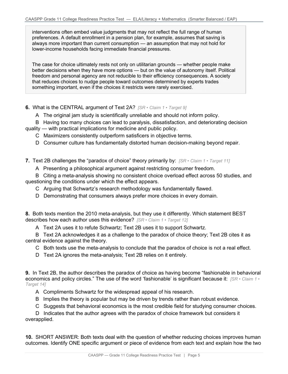 “In Defense of Choice” concludes; ELA questions 6–10 compare arguments, evidence, and word choice in both texts.