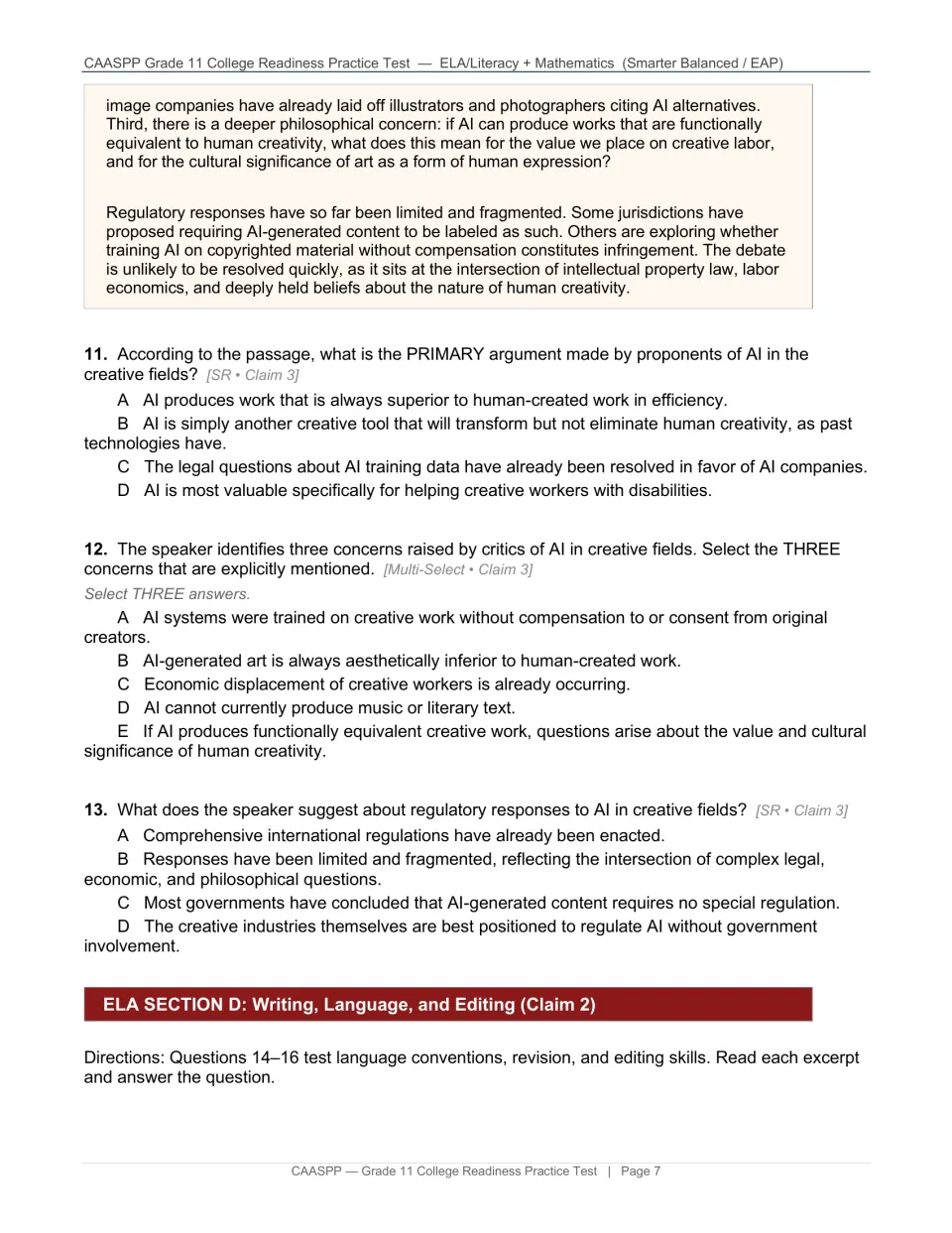 AI listening script concludes with regulatory responses; questions 11–13 precede writing and editing directions.