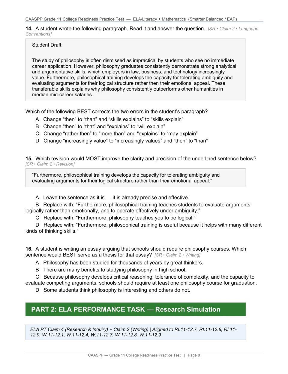 ELA questions 14–16 use philosophy writing to test grammar, revision, and thesis selection before Part 2 begins.