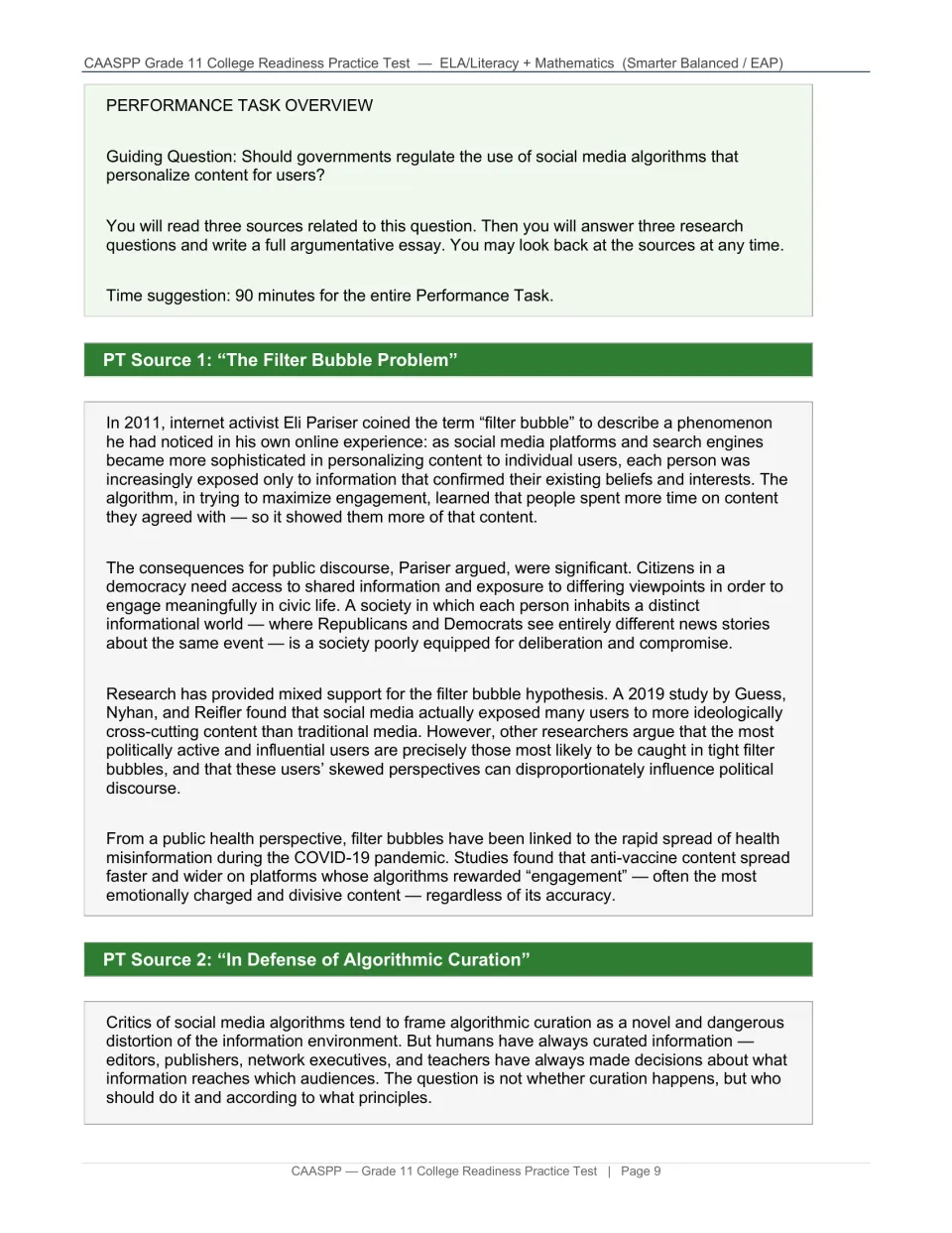 ELA performance task asks about regulating social media algorithms and starts sources on filter bubbles and curation.