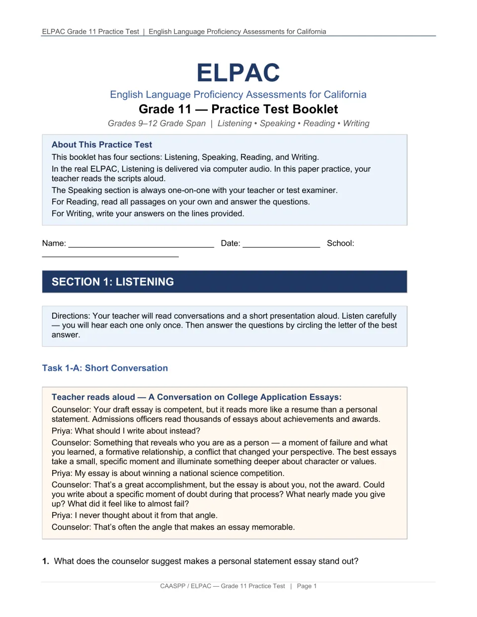 ELPAC booklet introduction and listening task 1-A: a counselor discusses college application essays