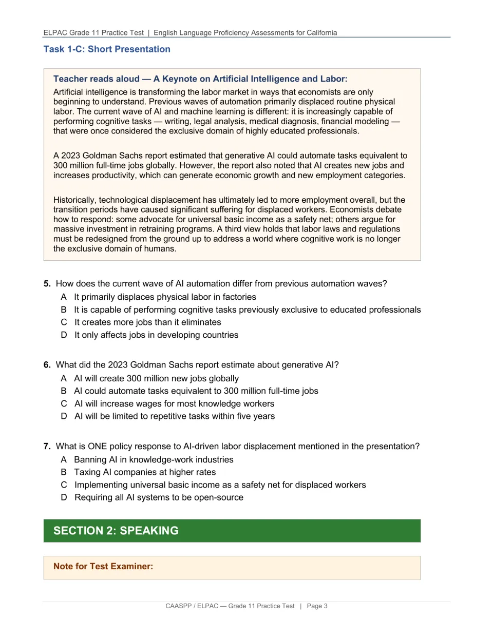 Listening task 1-C presents AI and labor, followed by questions 5–7 and the speaking section introduction