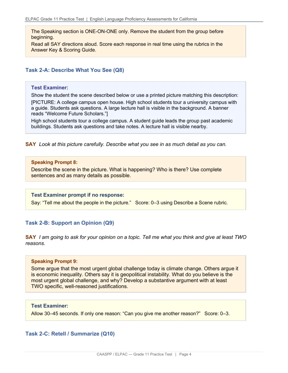 Speaking tasks 8–9 ask students to describe a college campus scene and support an opinion on global challenges