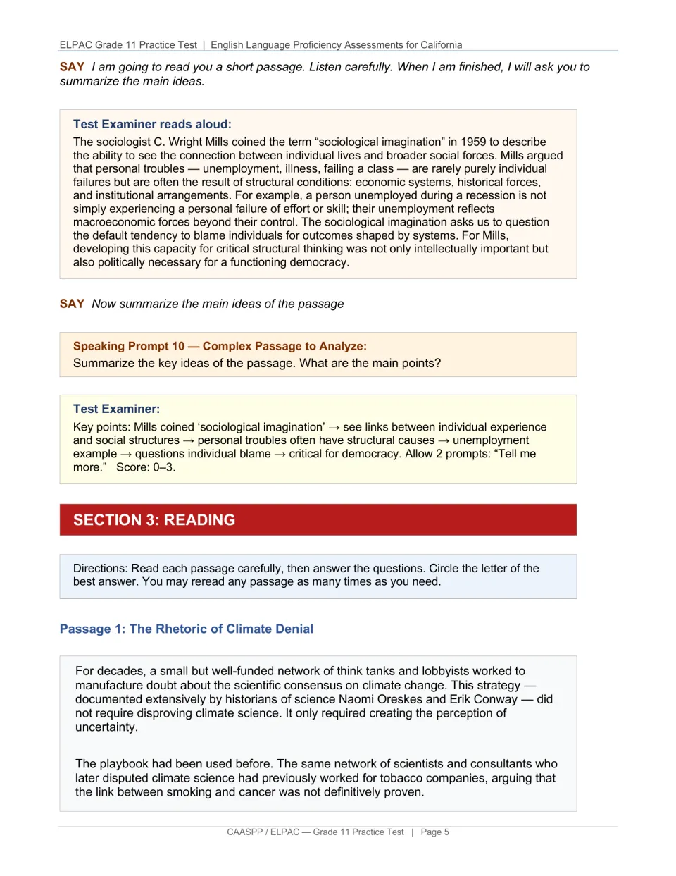 Speaking task 10 asks for a sociology summary; reading begins with The Rhetoric of Climate Denial