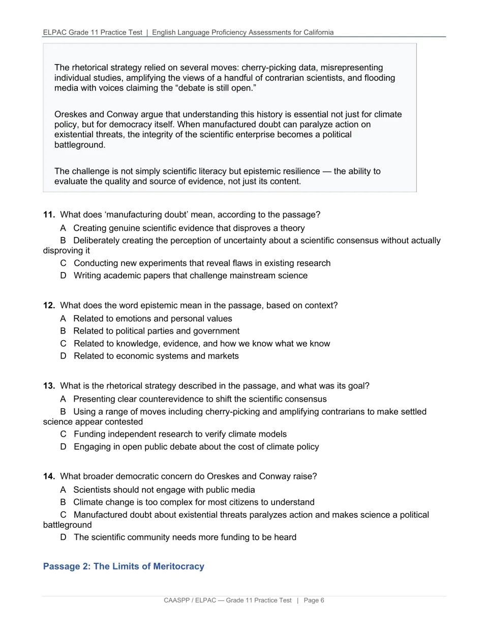 Reading passage on climate denial continues with questions 11–14 about manufactured doubt and evidence
