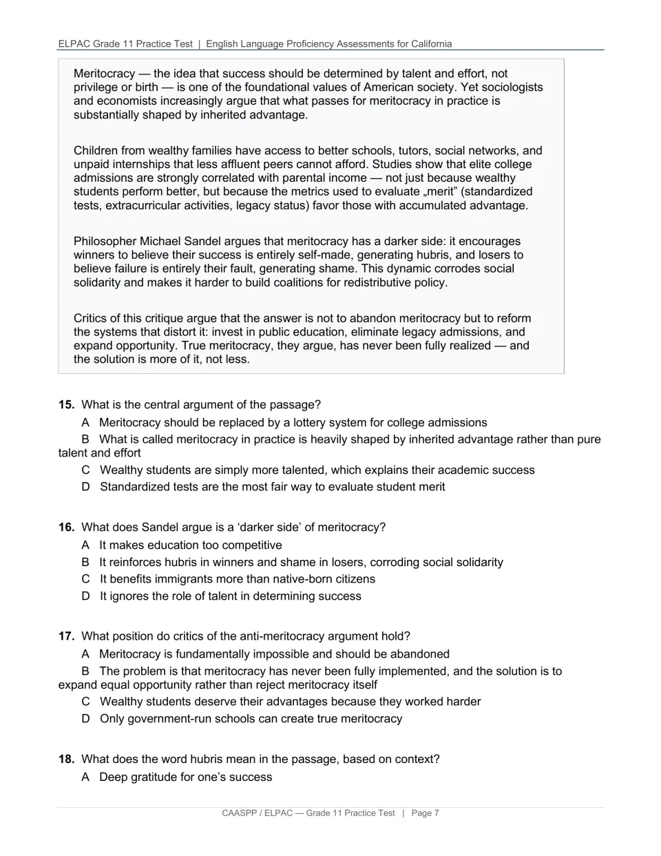 Reading passage The Limits of Meritocracy examines inherited advantage, followed by questions 15–18