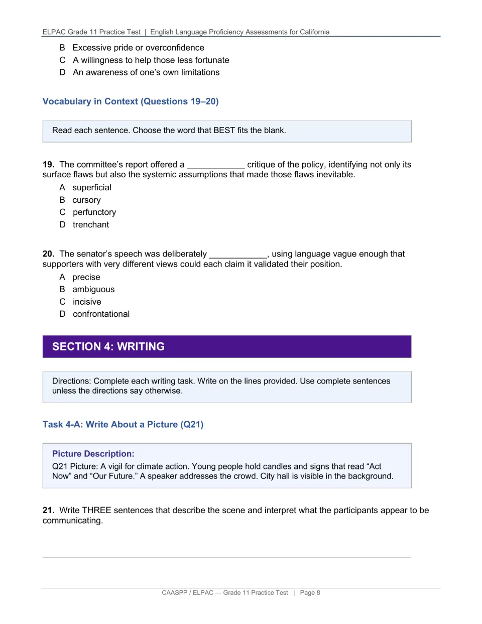 Vocabulary questions 19–20 precede writing task 21, which asks for three sentences about a climate vigil