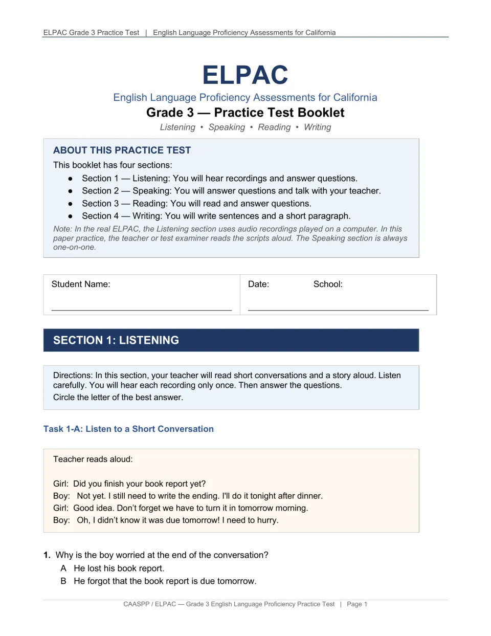 Practice booklet introduction lists four language sections and begins listening with a book report conversation