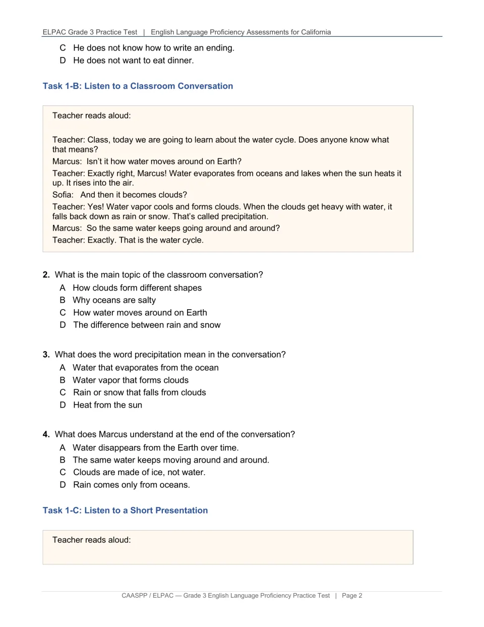Listening practice continues question 1 and presents a water cycle conversation with questions 2–4