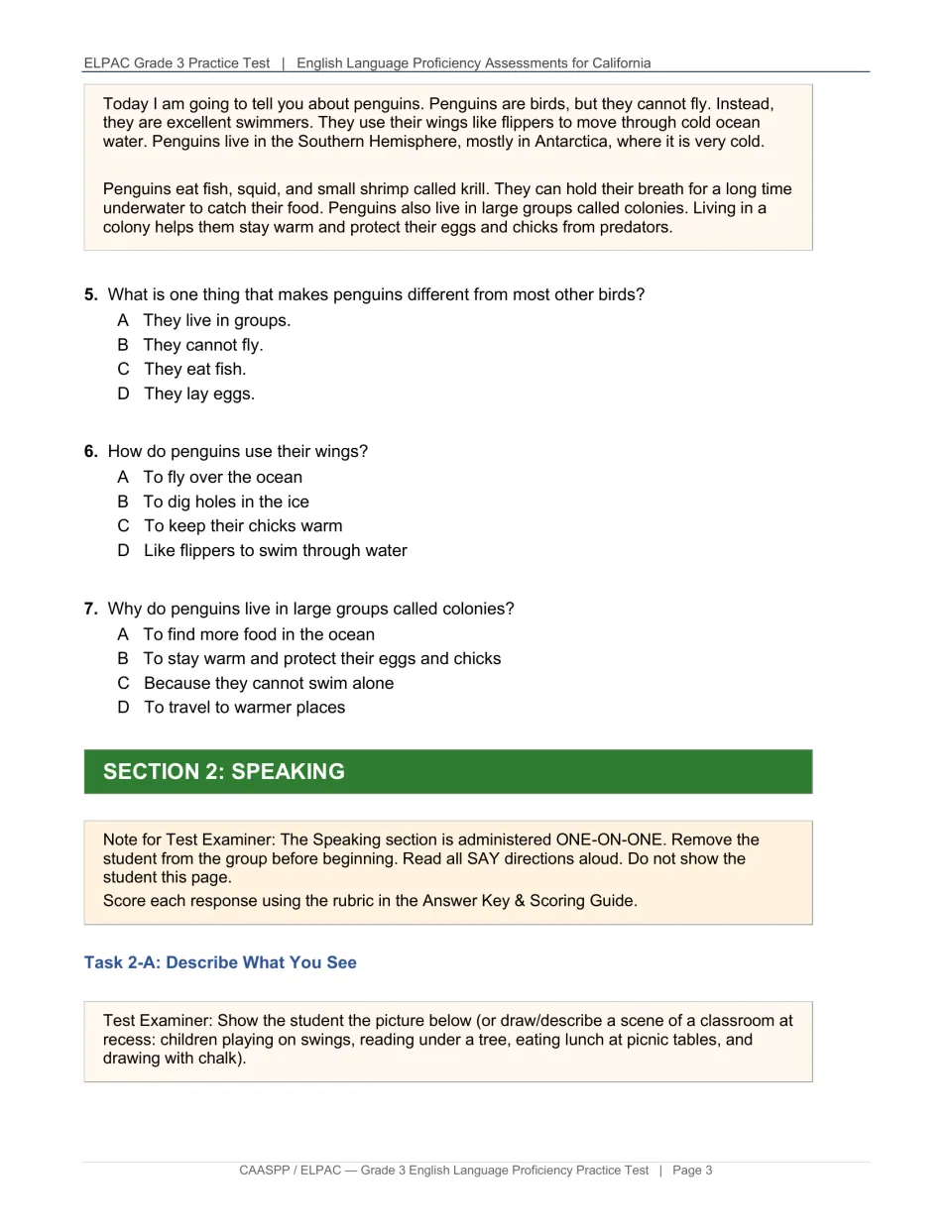 Listening practice presents a penguin script and questions 5–7, followed by one-on-one speaking directions