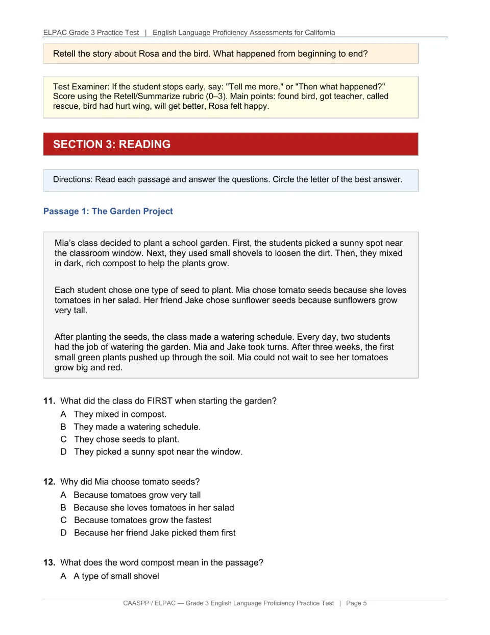 Speaking retell guidance leads into The Garden Project reading passage and questions 11–13 about planting
