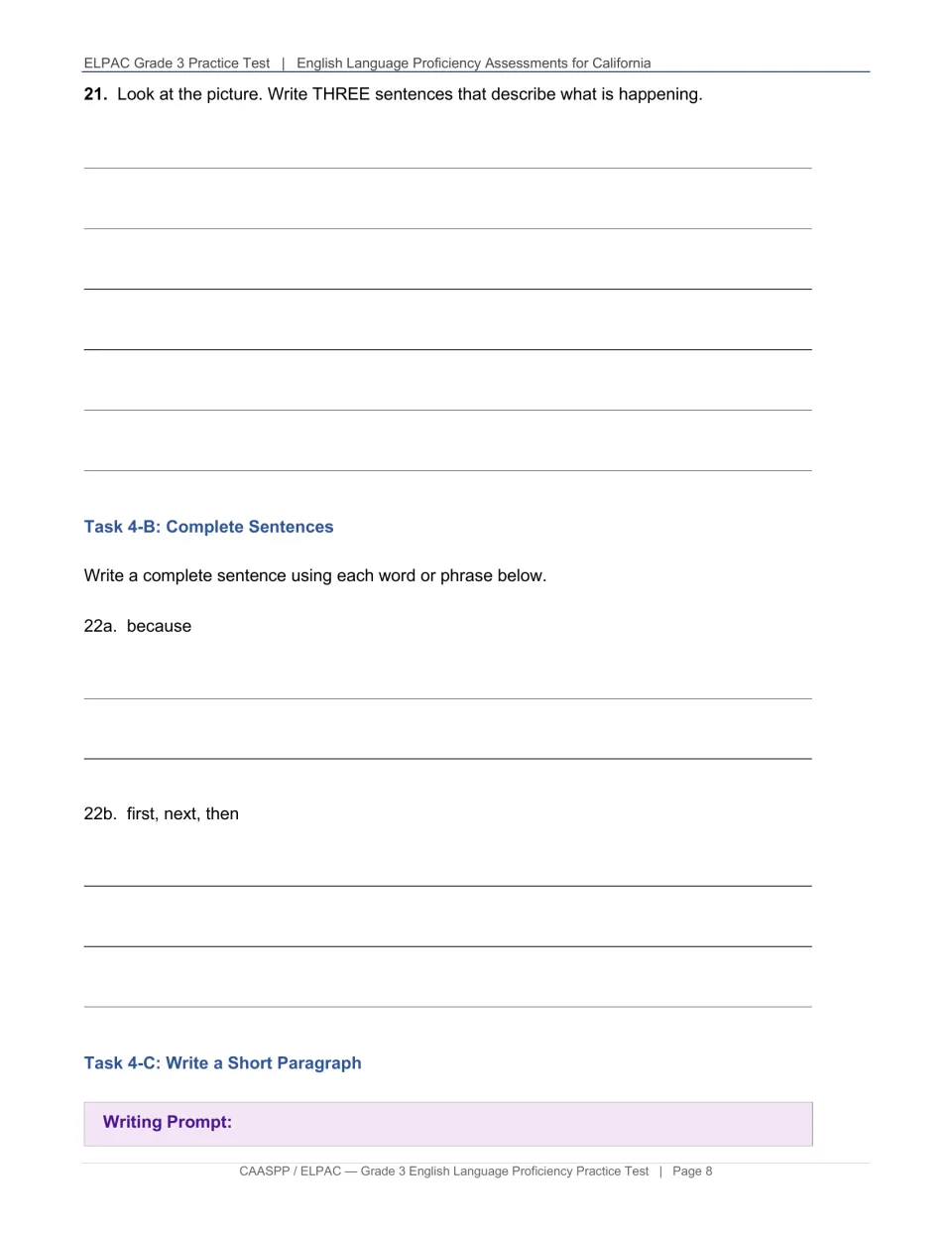 Writing practice asks for three scene sentences and sentences using because and the sequence first, next, then