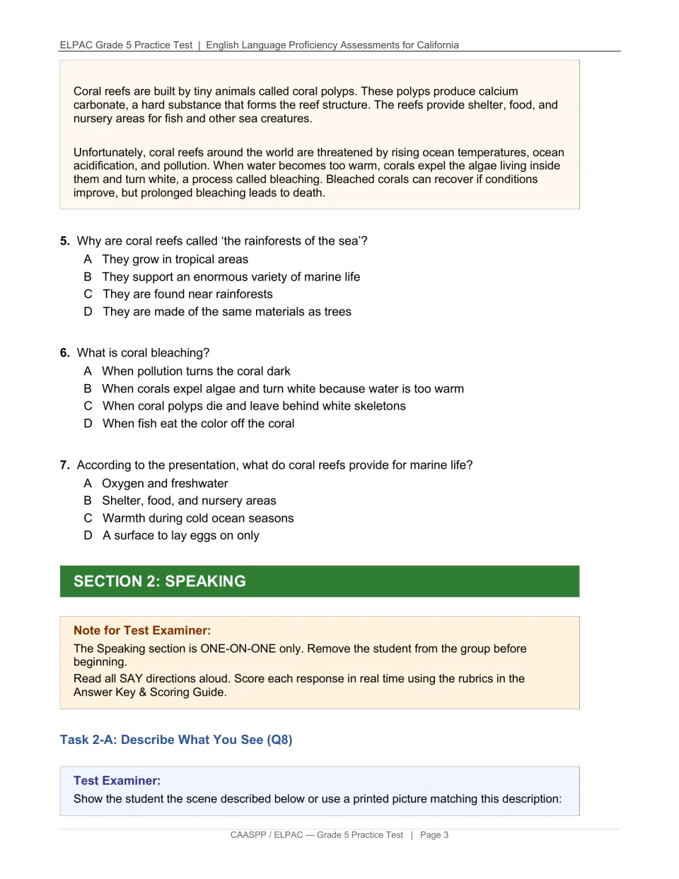 Coral reef listening questions on bleaching and habitats, then examiner notes opening the one-on-one speaking section