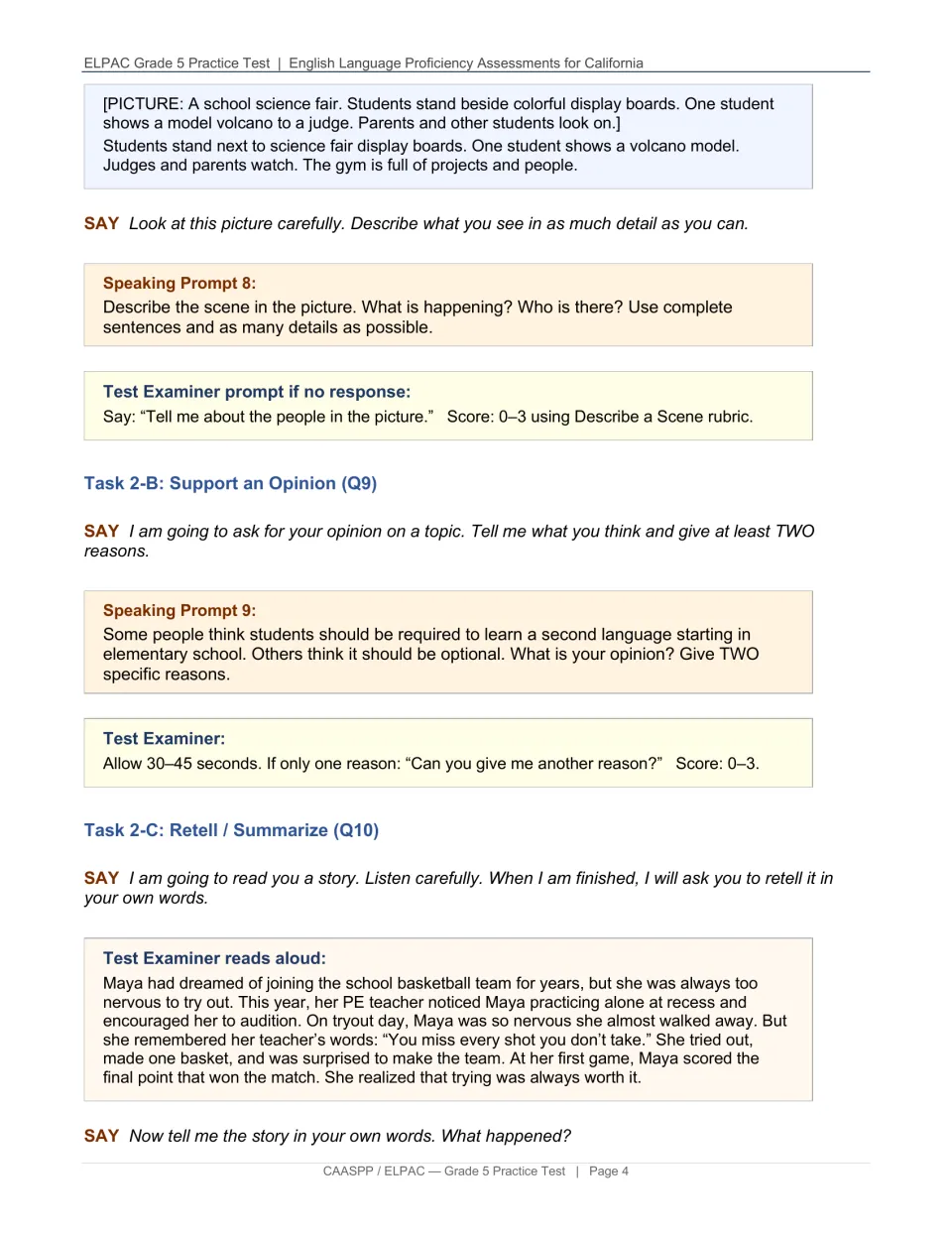 Speaking prompts: students describe a science fair scene, argue about learning a second language and retell a story