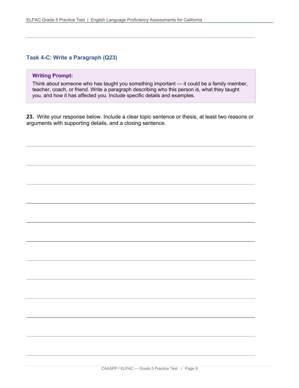 Paragraph writing prompt: students describe someone who taught them something important, with a topic and closing sentence