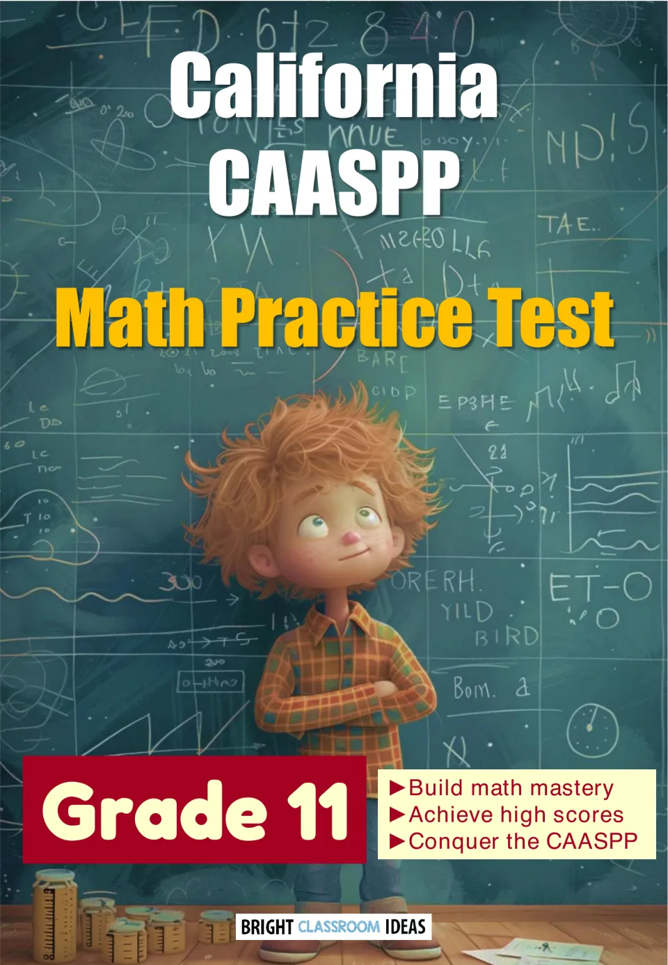 California CAASPP Math Practice Test cover for Grade 11 with a boy at a chalkboard of math scribbles