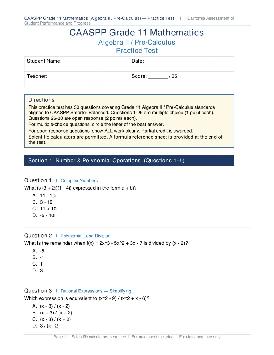 Test directions and Questions 1-3: students multiply complex numbers, find a remainder and simplify a rational expression