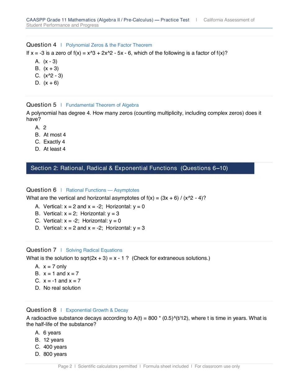 Questions 4-8: students choose answers on the factor theorem, degree-4 zeros, asymptotes, radical equations and half-life