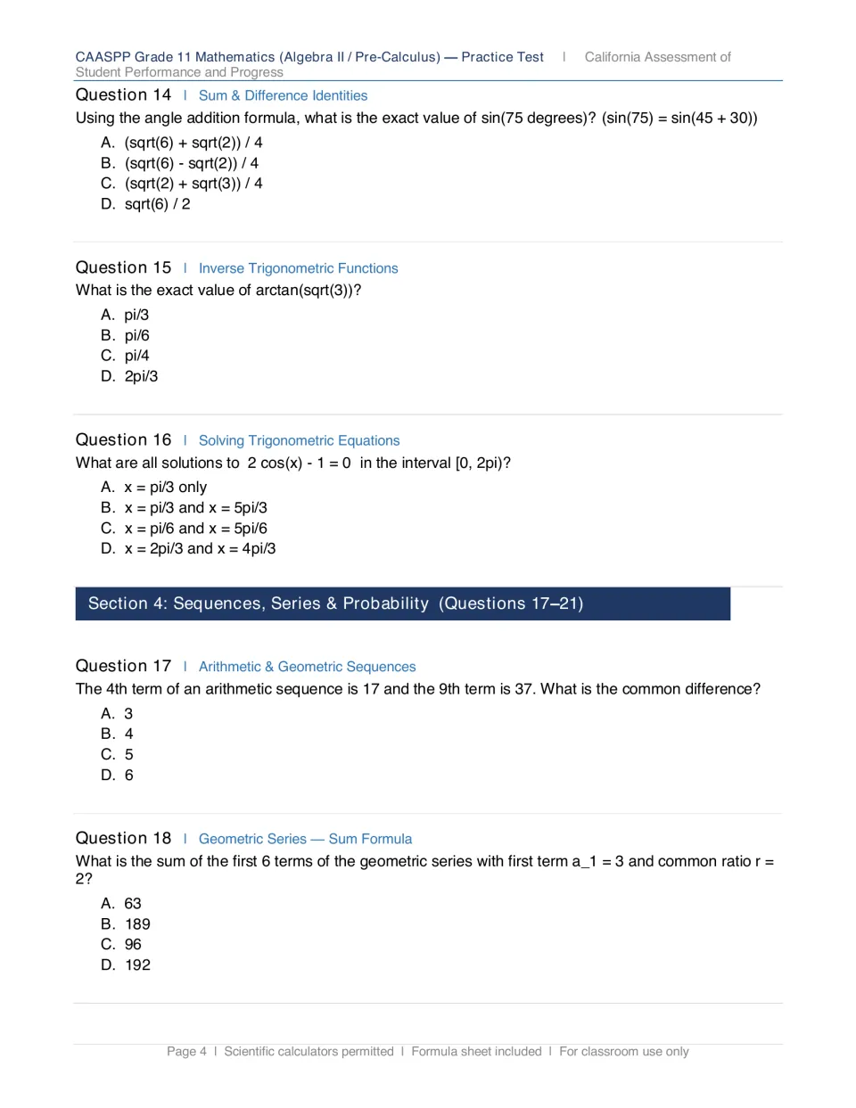 Trig identities and sequences: students solve Questions 14-18 on angle addition, arctan, trig equations and series sums