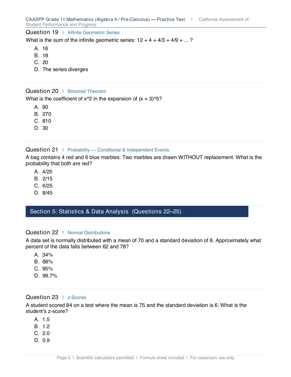 Series, probability and statistics: Questions 19-23 on an infinite sum, the binomial theorem, drawing marbles and z-scores