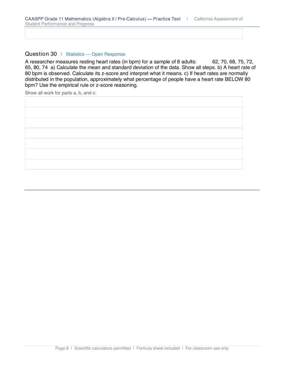 Statistics open response, Question 30: students compute mean and standard deviation of resting heart rates in bpm