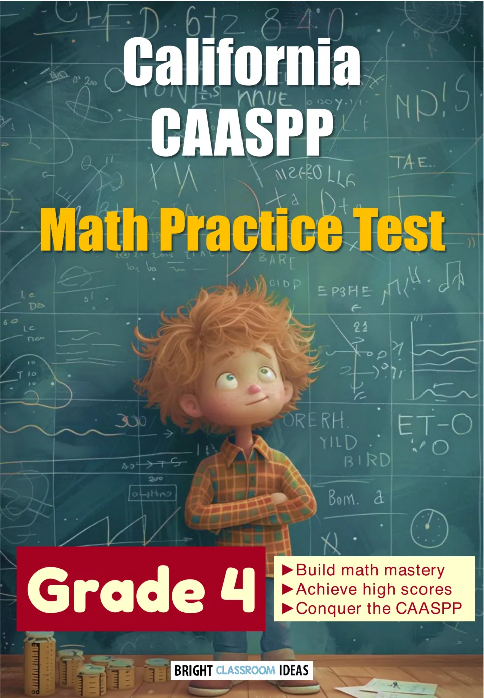 Cover: California CAASPP Math Practice Test, Grade 4, showing a cartoon boy standing in front of a chalkboard of math notes