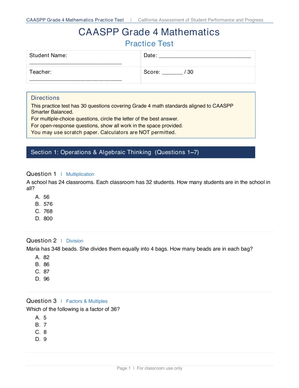 Test directions and Section 1 operations: multiple-choice questions on multiplication, division and factors of 36