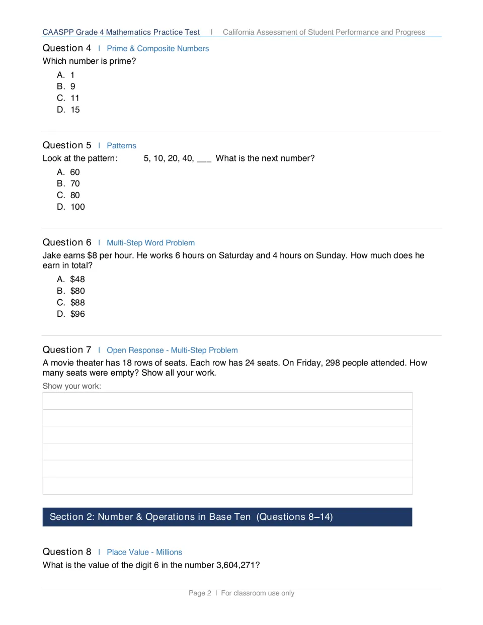 Prime numbers, a doubling pattern and an hourly-pay word problem, plus an open-response empty-seats problem