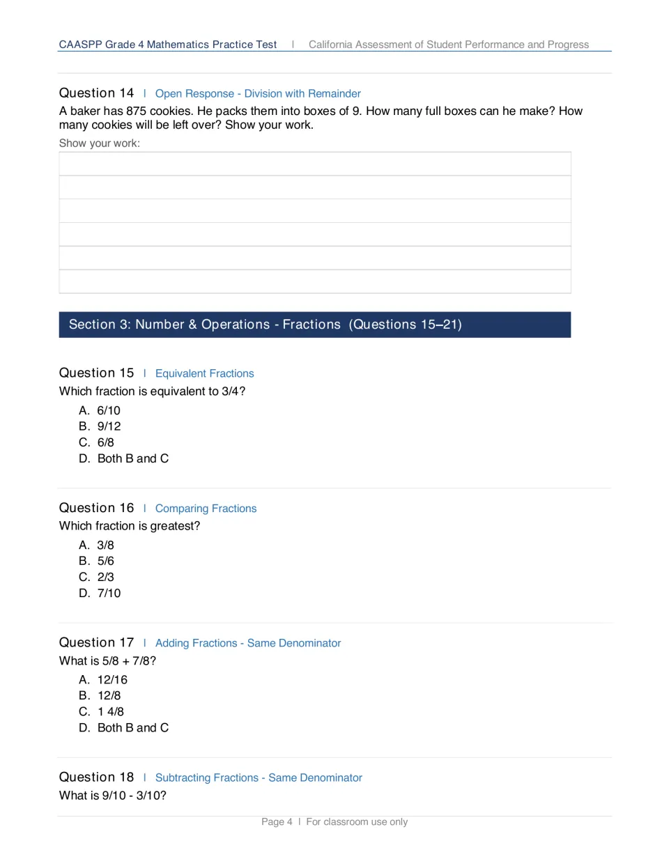 Division with remainder open response, then fraction items: equivalent to 3/4, greatest fraction, adding eighths