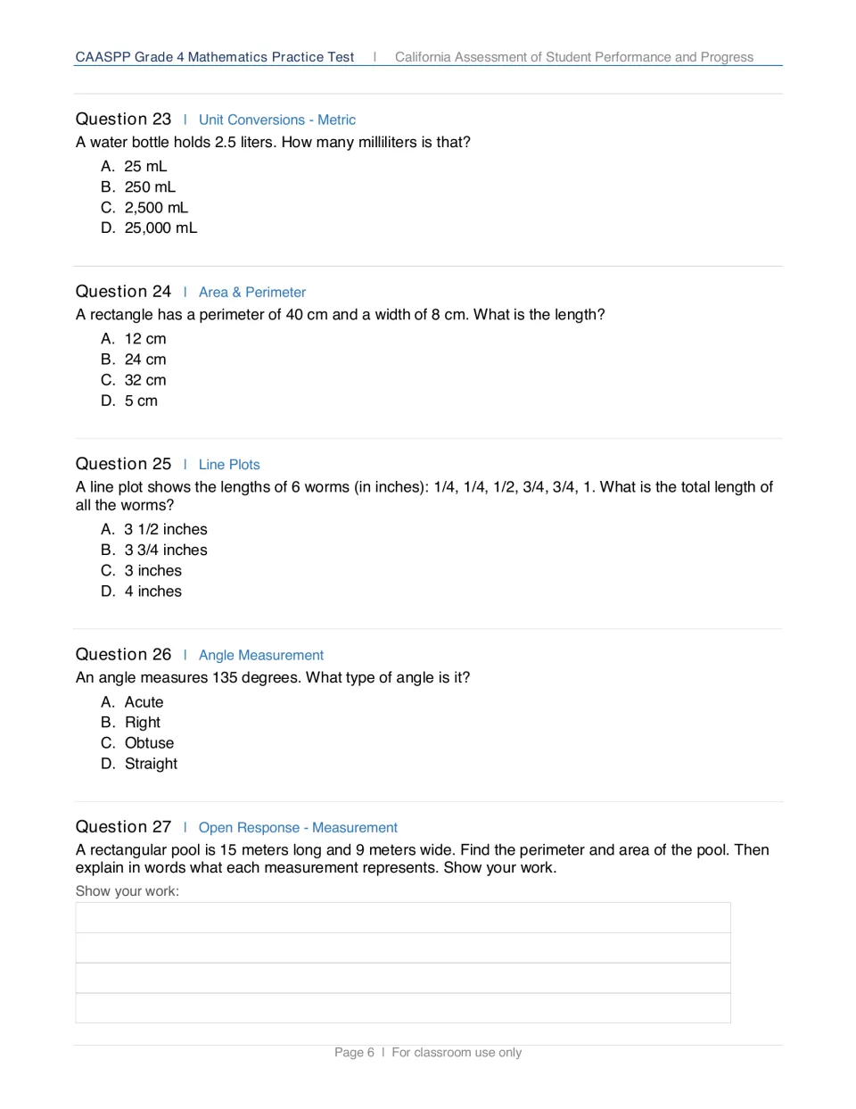 Measurement questions: liters to milliliters, rectangle perimeter, a worm line plot, a 135-degree angle and pool area