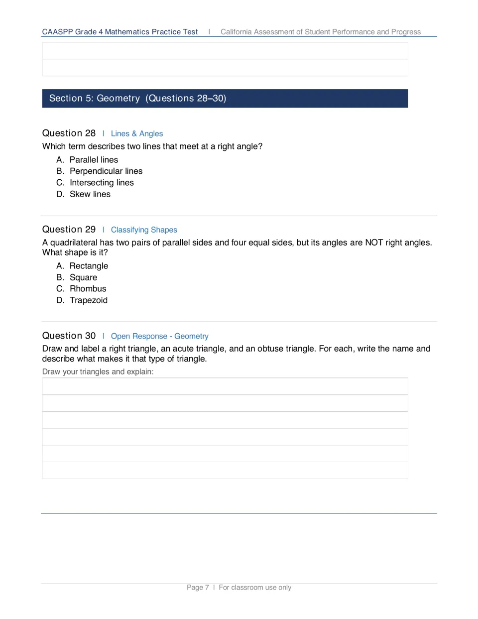 Geometry section: students name lines meeting at a right angle, classify a quadrilateral and draw three triangle types