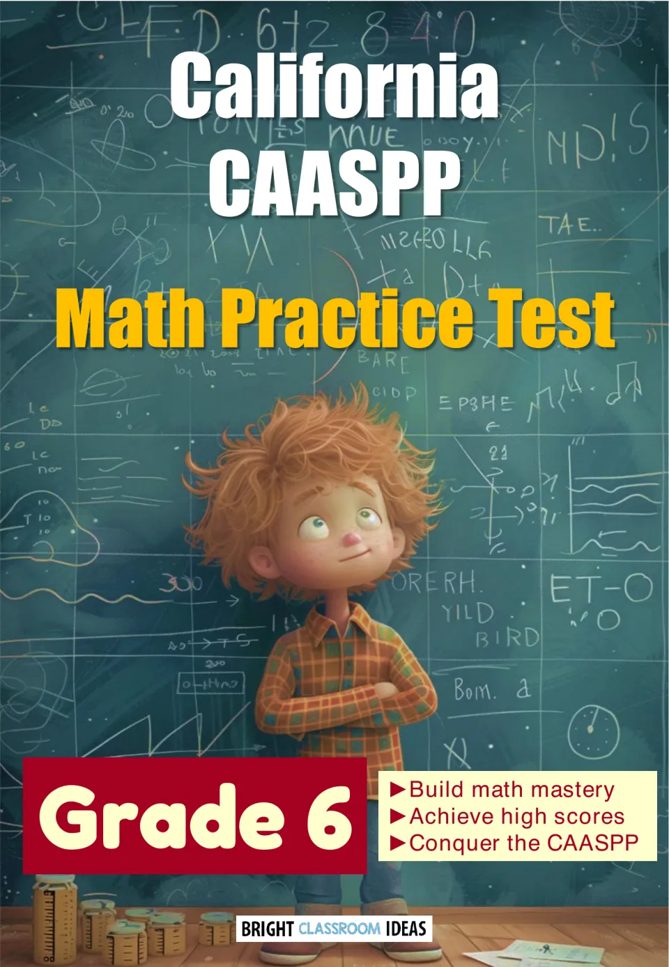 California CAASPP Math Practice Test cover for Grade 6, showing a red-haired boy standing in front of a math chalkboard